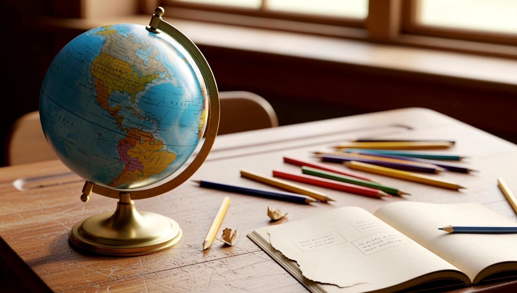Globe, coloured pencils, and an open notebook on a sunlit desk